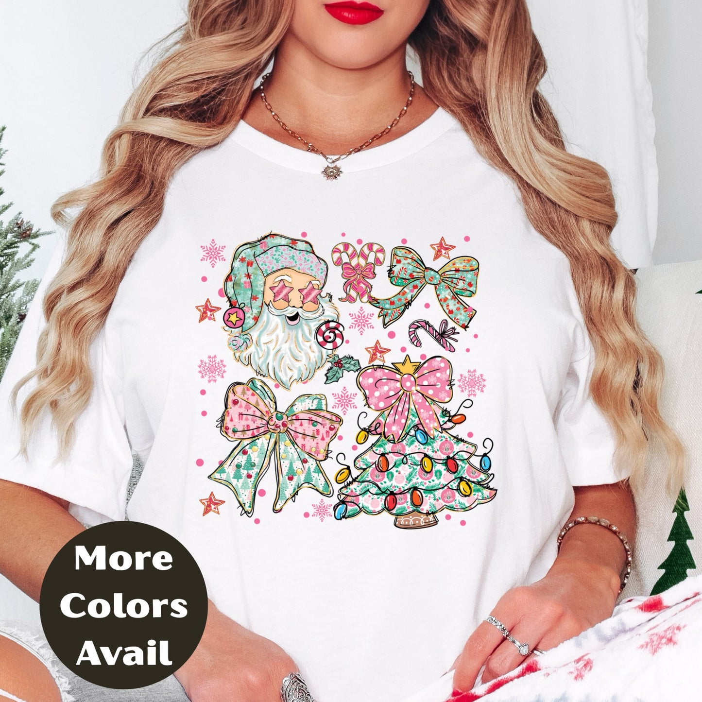 Pastel Santa & Bows Christmas Shirt or Sweatshirt – Cute Holiday Tree Top S-4XL Plus Size – Multiple Colors – Girly Retro Christmas Tee