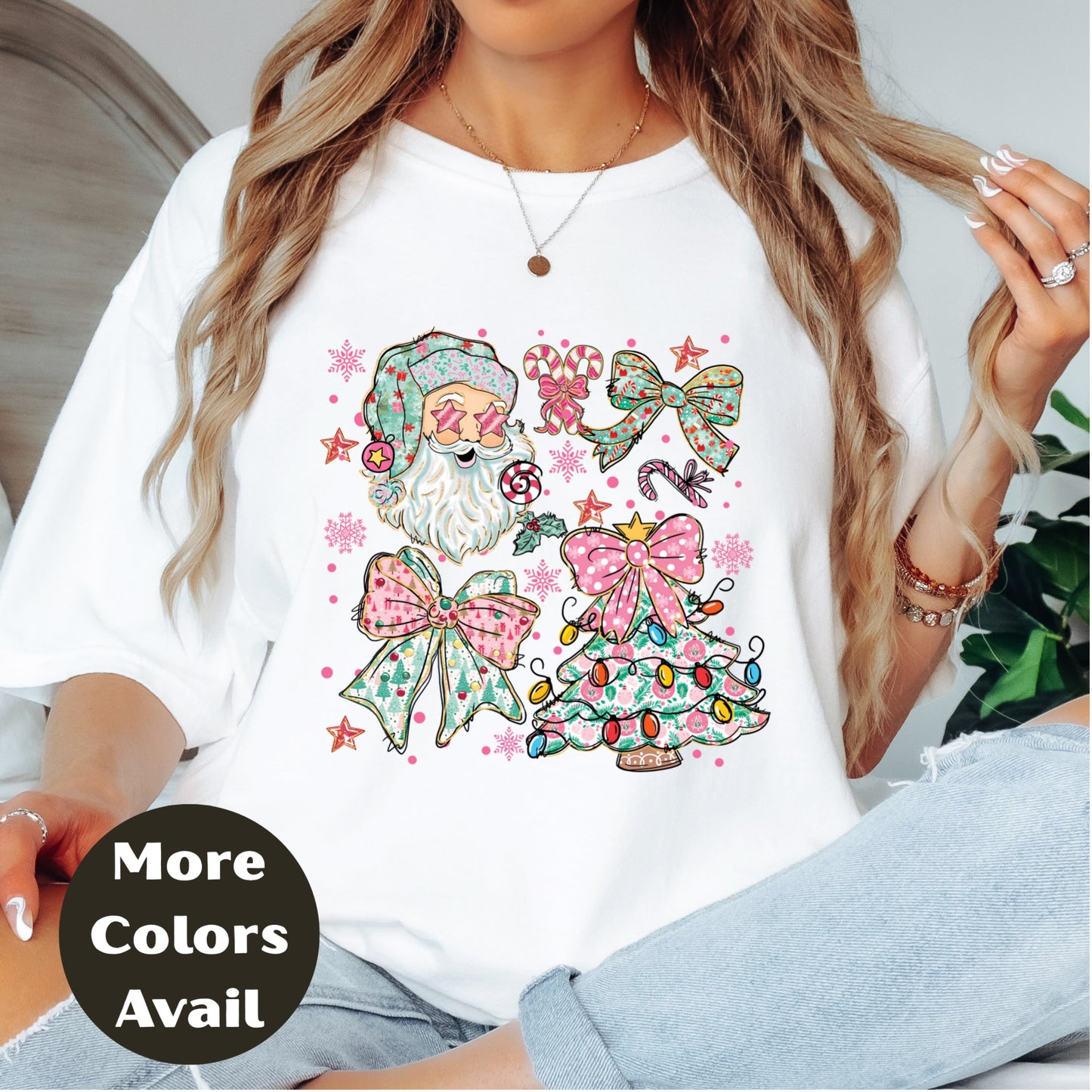 Pastel Santa & Bows Christmas Shirt or Sweatshirt – Cute Holiday Tree Top S-4XL Plus Size – Multiple Colors – Girly Retro Christmas Tee