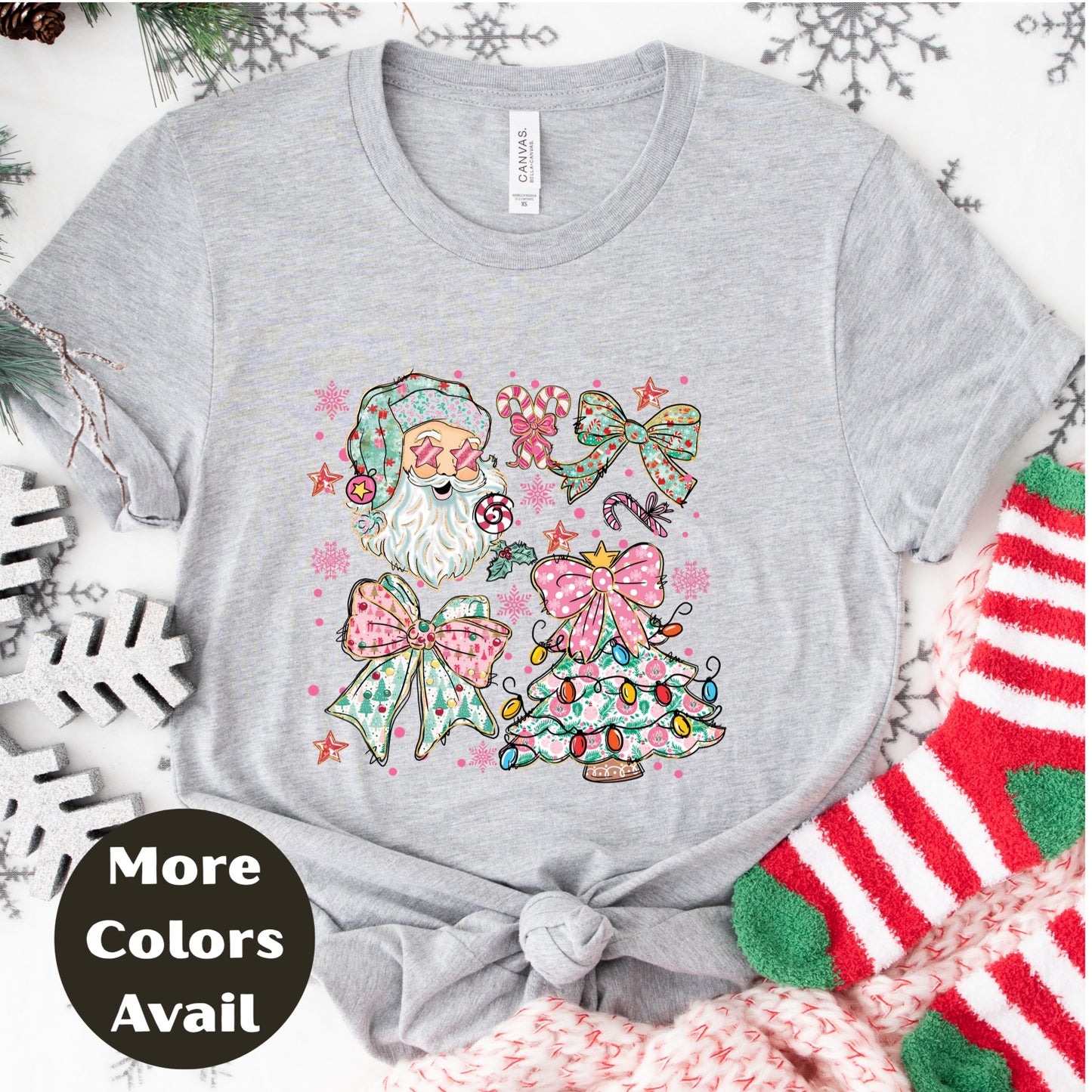 Pastel Santa & Bows Christmas Shirt or Sweatshirt – Cute Holiday Tree Top S-4XL Plus Size – Multiple Colors – Girly Retro Christmas Tee