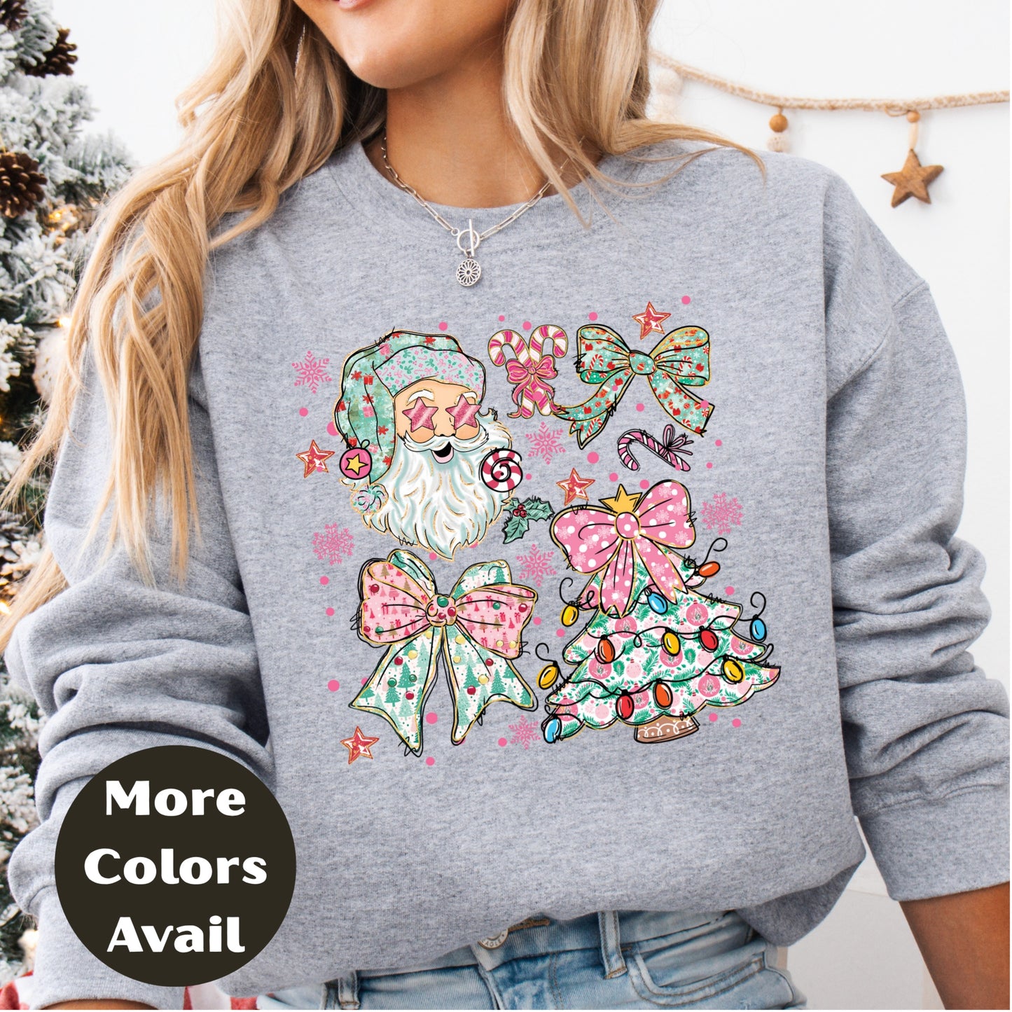 Pastel Santa & Bows Christmas Shirt or Sweatshirt – Cute Holiday Tree Top S-4XL Plus Size – Multiple Colors – Girly Retro Christmas Tee
