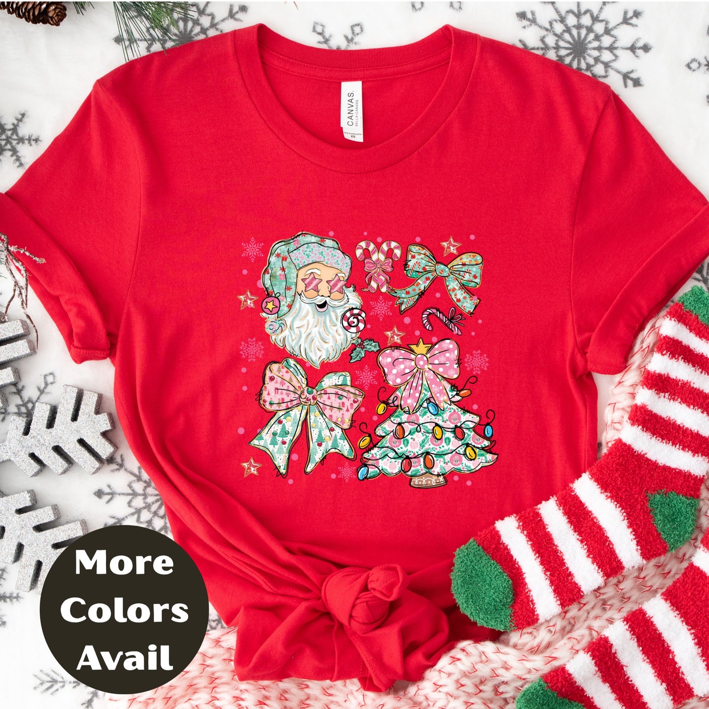 Pastel Santa & Bows Christmas Shirt or Sweatshirt – Cute Holiday Tree Top S-4XL Plus Size – Multiple Colors – Girly Retro Christmas Tee