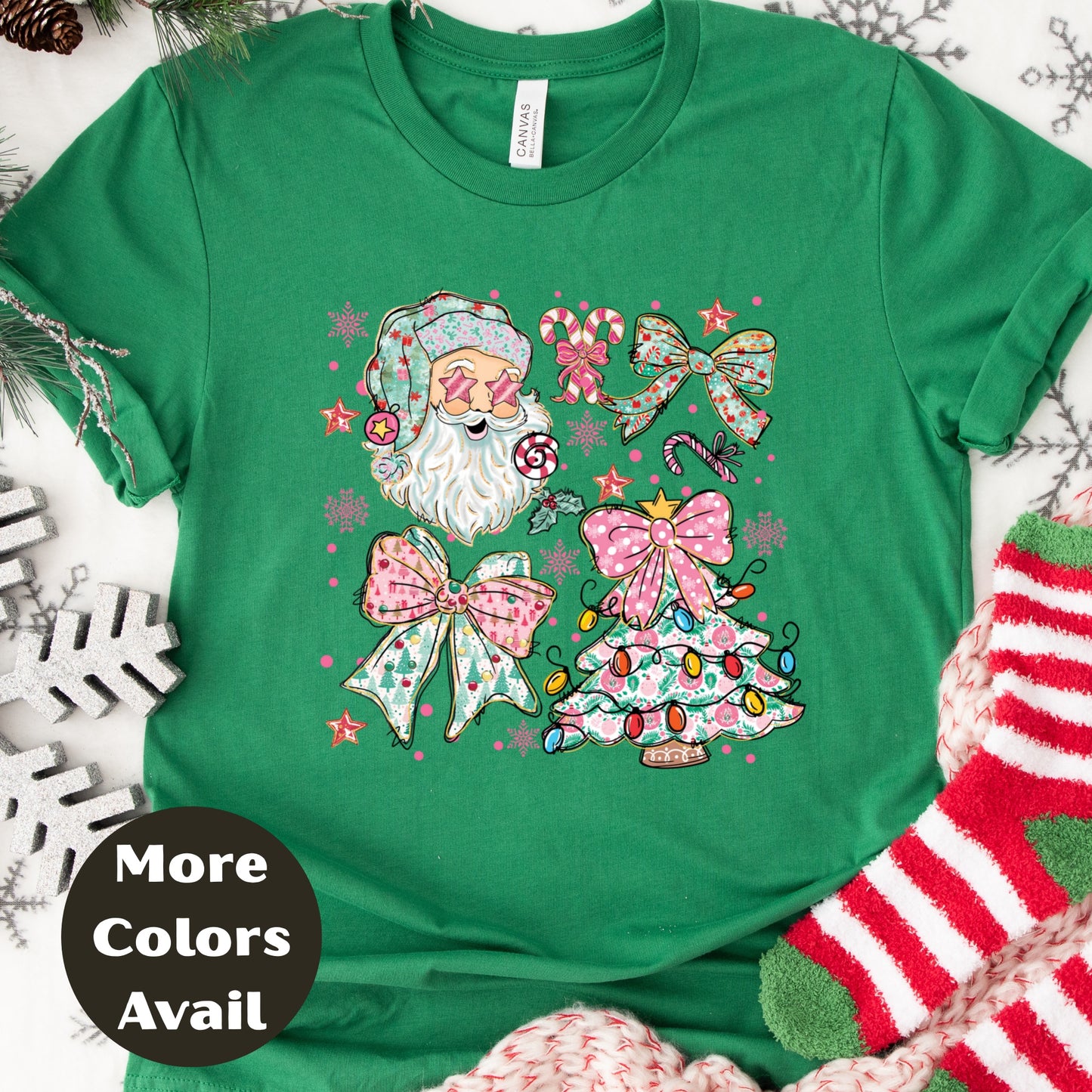 Pastel Santa & Bows Christmas Shirt or Sweatshirt – Cute Holiday Tree Top S-4XL Plus Size – Multiple Colors – Girly Retro Christmas Tee