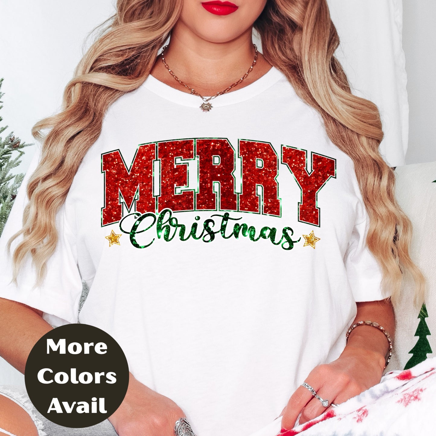 Merry Christmas Shirt or Sweatshirt – Small-4XL Plus Size – Red Green Glitter Look – Multiple Colors