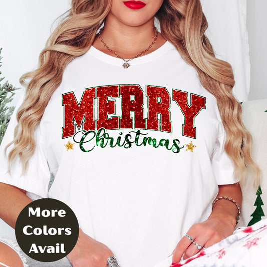Merry Christmas Shirt or Sweatshirt – Small-4XL Plus Size – Red Green Glitter Look – Multiple Colors