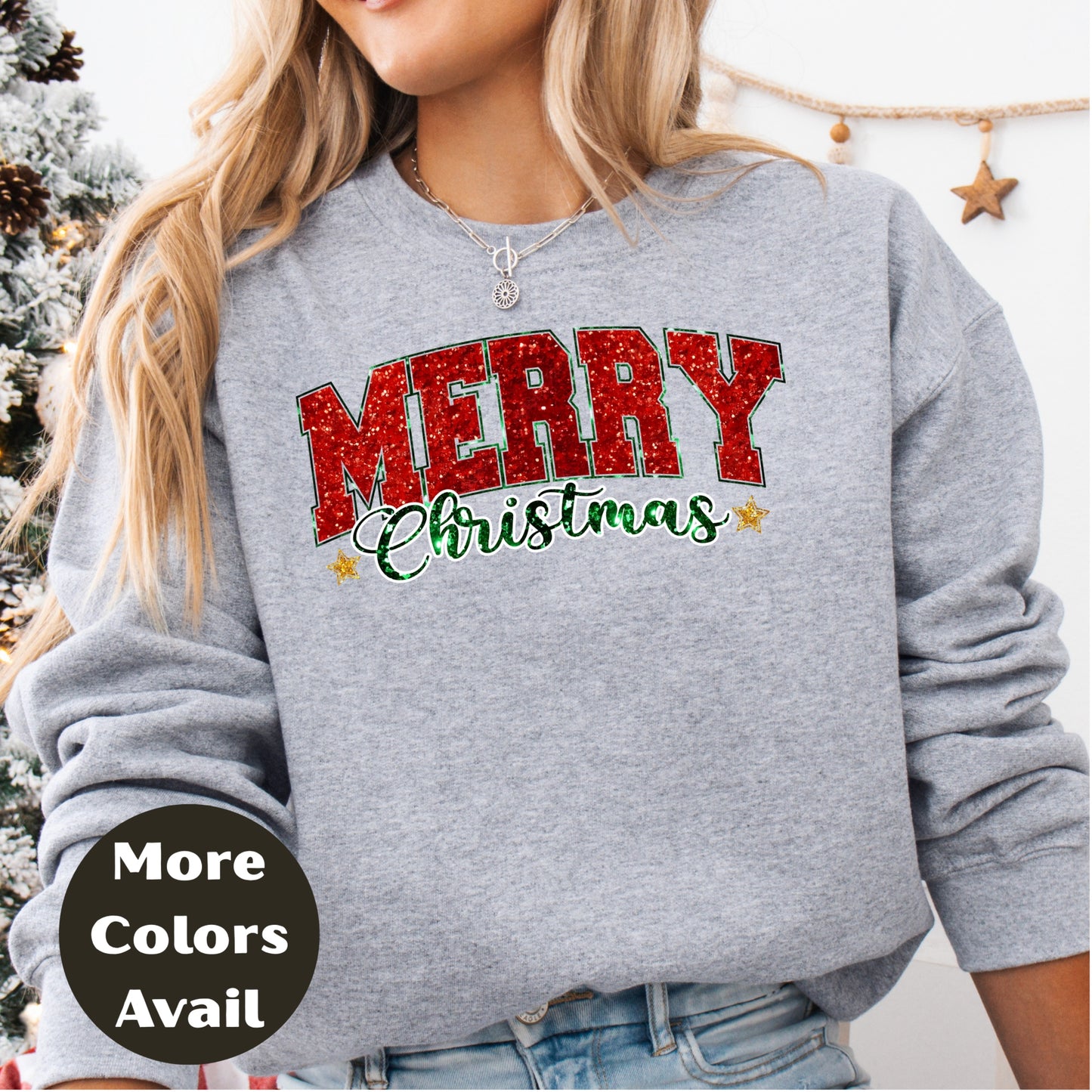 Merry Christmas Shirt or Sweatshirt – Small-4XL Plus Size – Red Green Glitter Look – Multiple Colors