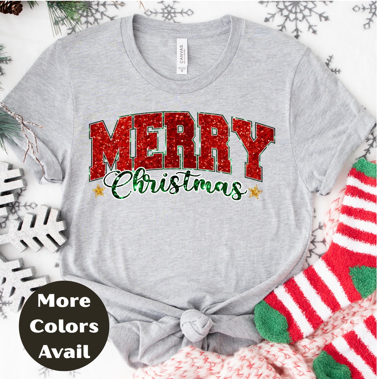 Merry Christmas Shirt or Sweatshirt – Small-4XL Plus Size – Red Green Glitter Look – Multiple Colors