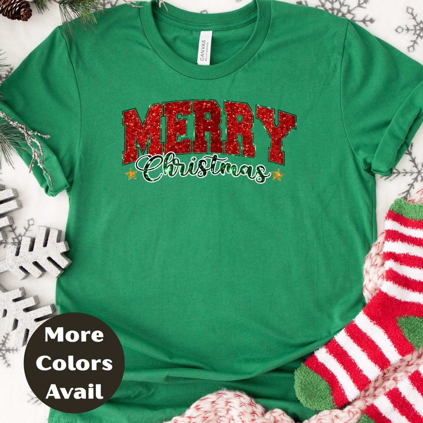 Merry Christmas Shirt or Sweatshirt – Small-4XL Plus Size – Red Green Glitter Look – Multiple Colors