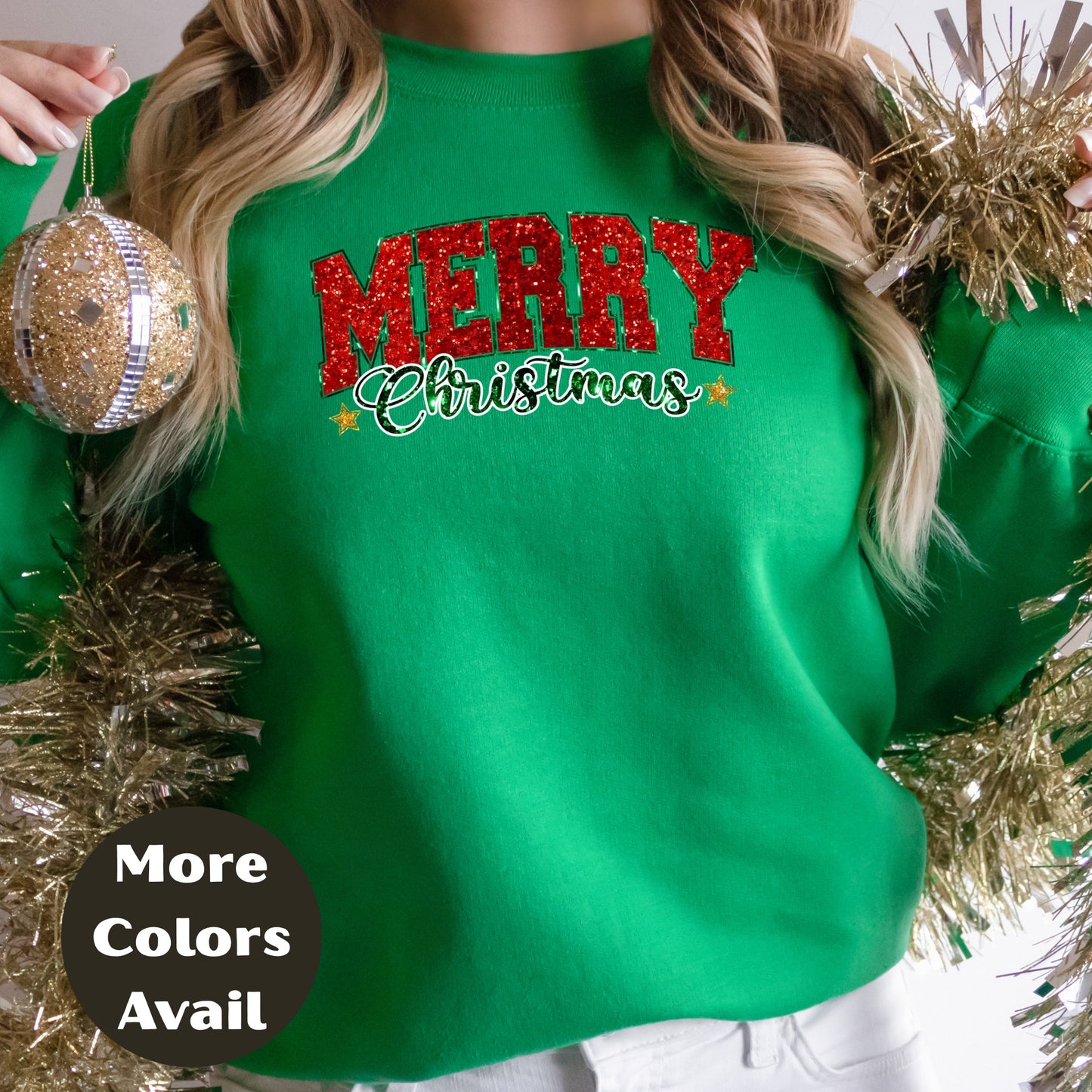 Merry Christmas Shirt or Sweatshirt – Small-4XL Plus Size – Red Green Glitter Look – Multiple Colors