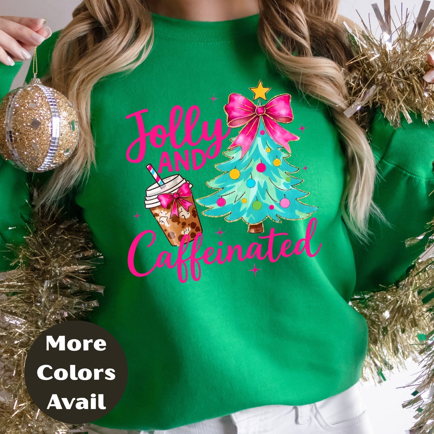 Jolly and Caffeinated Christmas Shirt or Sweatshirt – Small-4XL and Plus Size – Coffee Lover Holiday Top – Multiple Colors