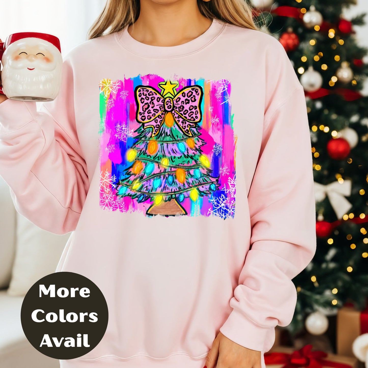 Leopard Bow Christmas Tree Shirt or Sweatshirt – Small-4XL and Plus Size – Bright Holiday Top – Multiple Colors