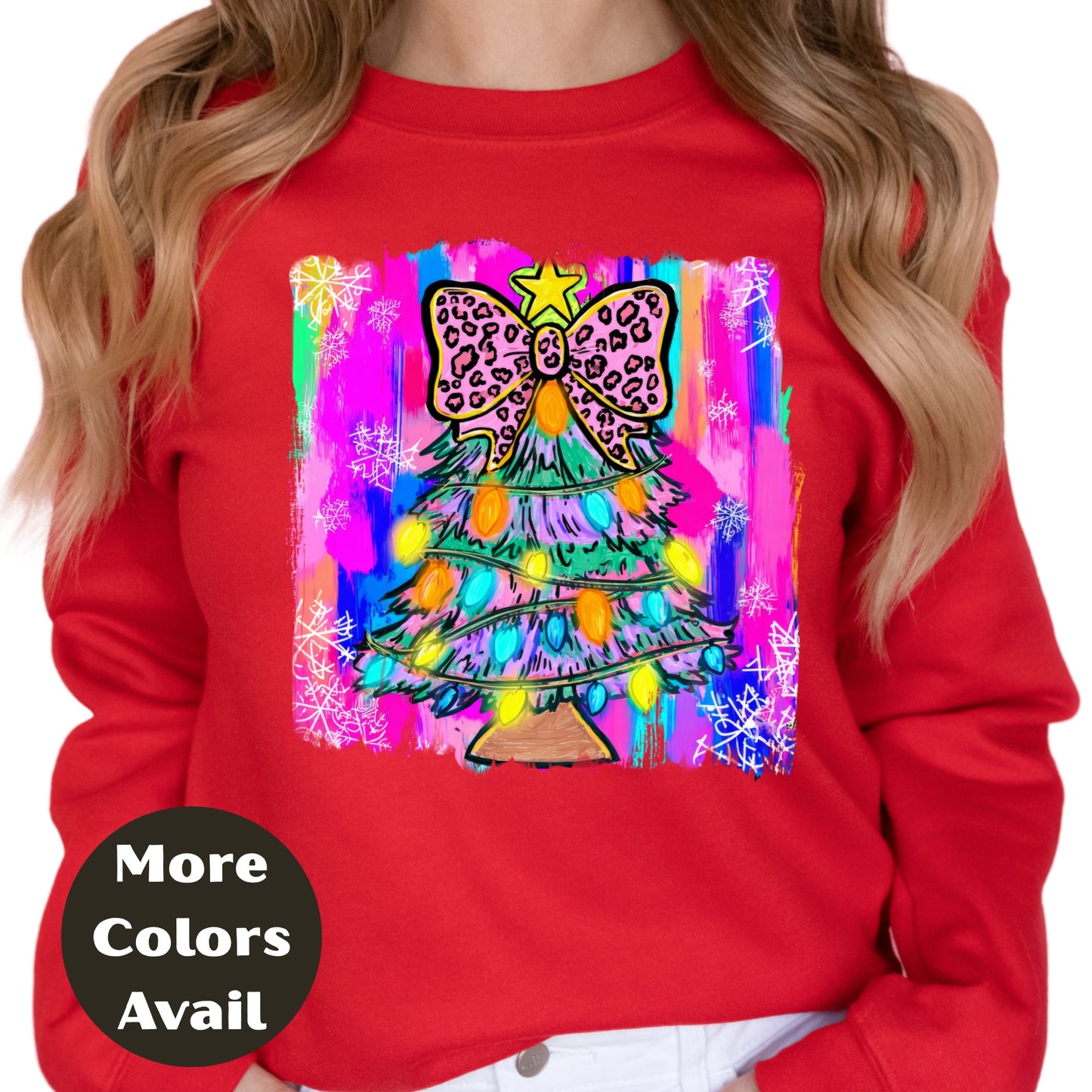 Leopard Bow Christmas Tree Shirt or Sweatshirt – Small-4XL and Plus Size – Bright Holiday Top – Multiple Colors