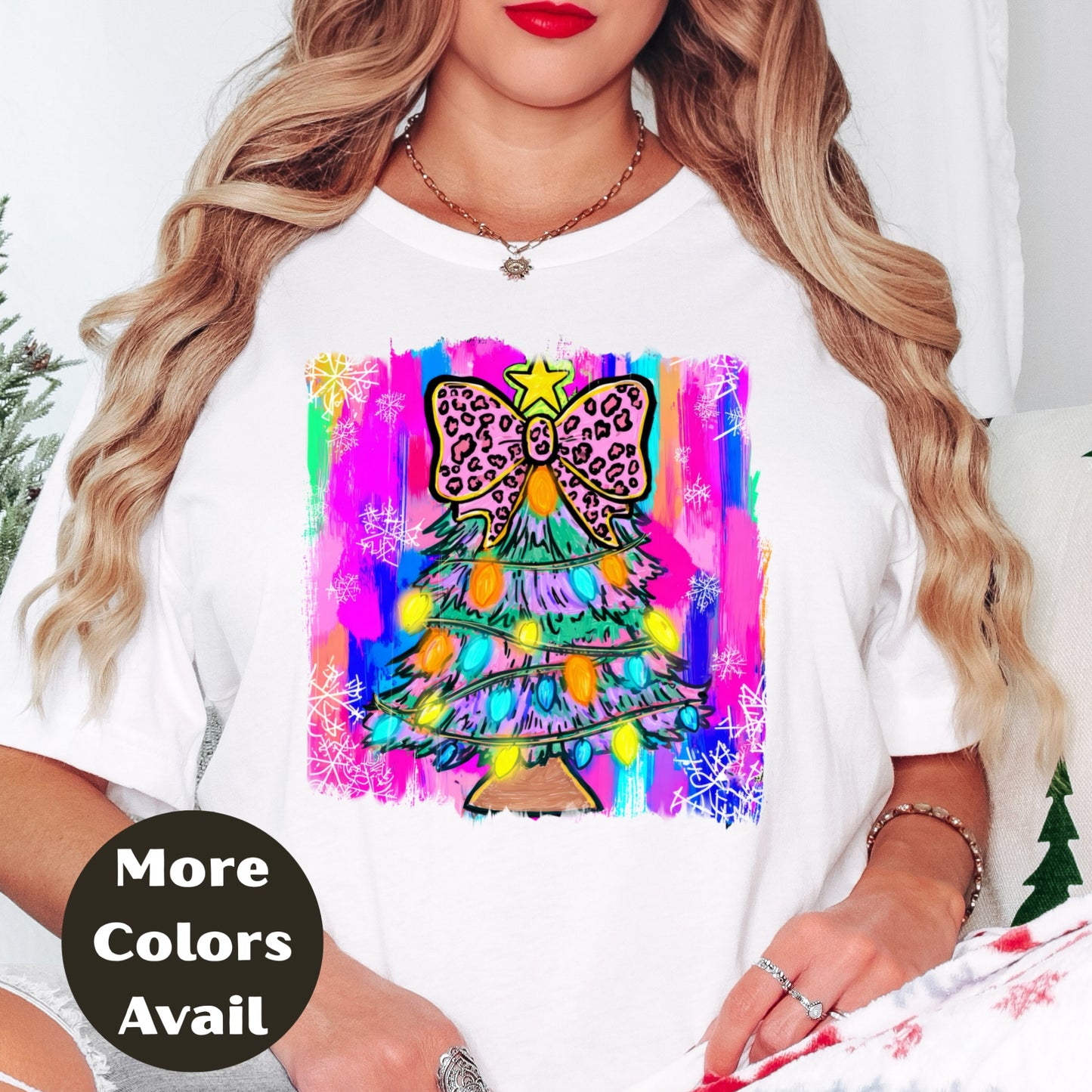 Leopard Bow Christmas Tree Shirt or Sweatshirt – Small-4XL and Plus Size – Bright Holiday Top – Multiple Colors