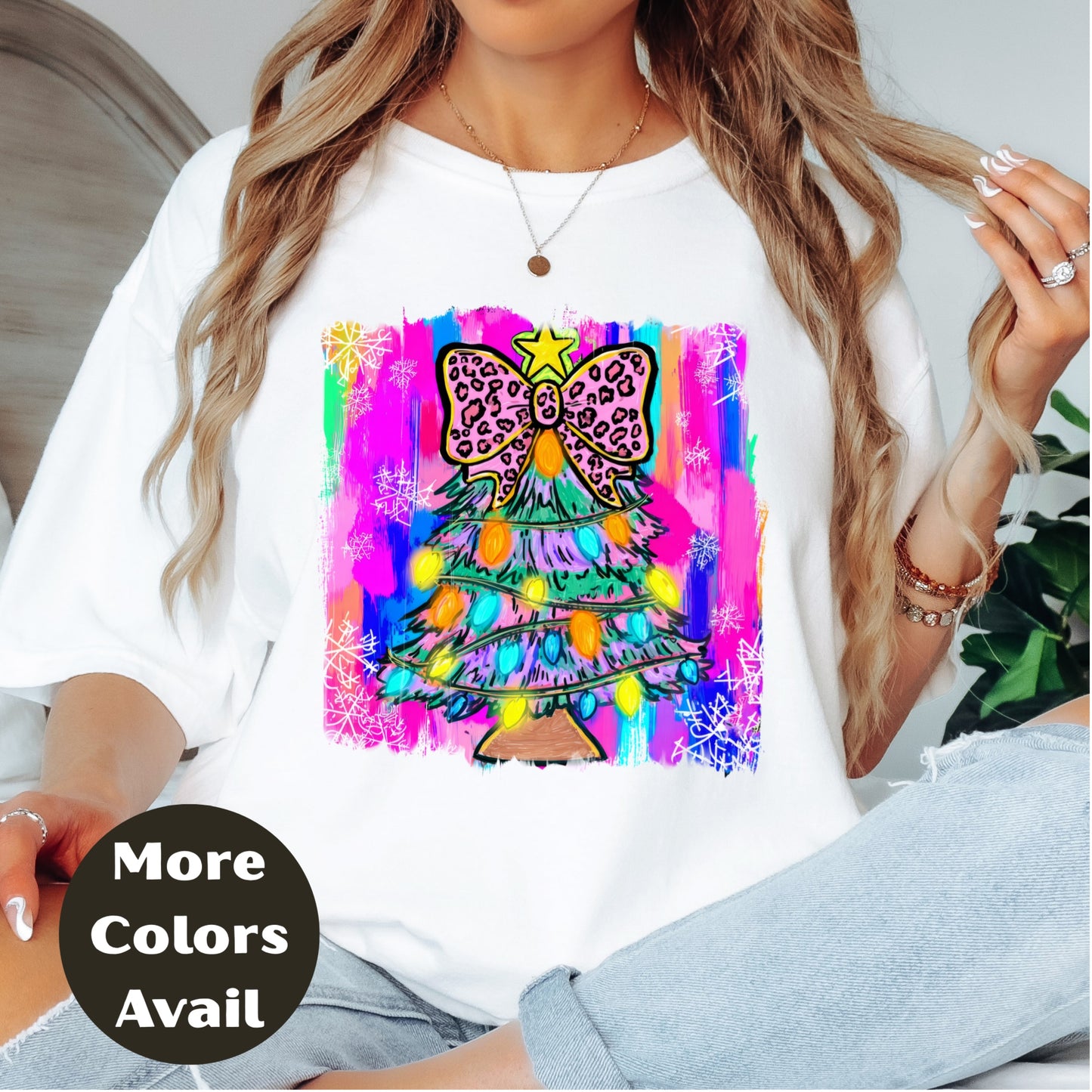 Leopard Bow Christmas Tree Shirt or Sweatshirt – Small-4XL and Plus Size – Bright Holiday Top – Multiple Colors