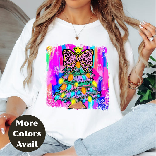 Leopard Bow Christmas Tree Shirt or Sweatshirt – Small-4XL and Plus Size – Bright Holiday Top – Multiple Colors