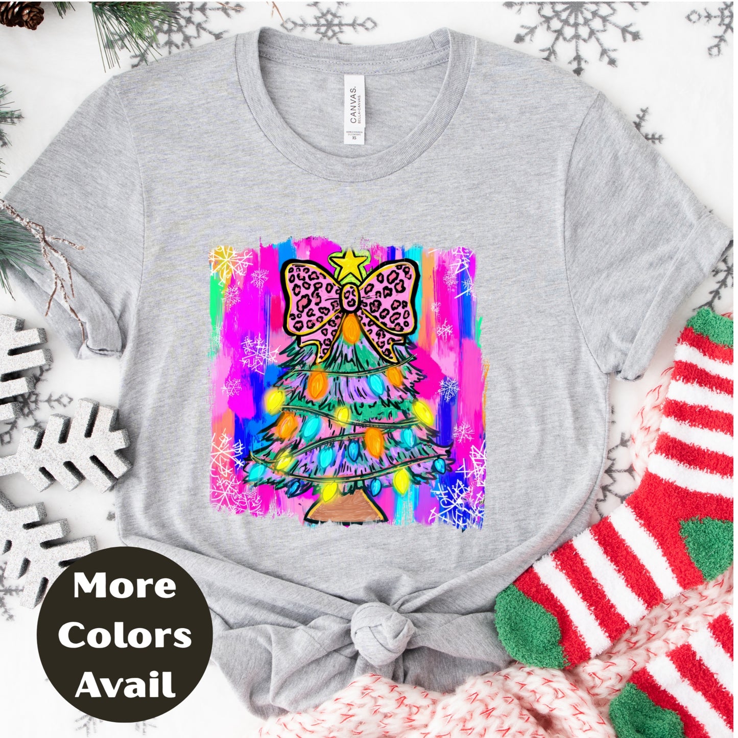Leopard Bow Christmas Tree Shirt or Sweatshirt – Small-4XL and Plus Size – Bright Holiday Top – Multiple Colors
