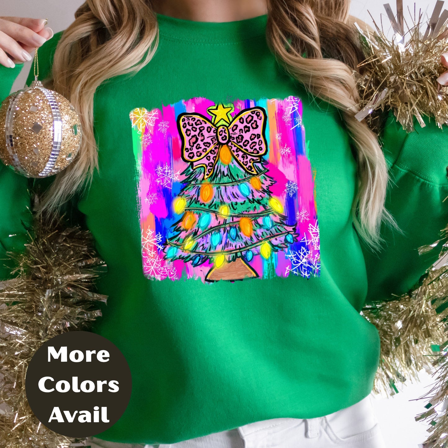 Leopard Bow Christmas Tree Shirt or Sweatshirt – Small-4XL and Plus Size – Bright Holiday Top – Multiple Colors