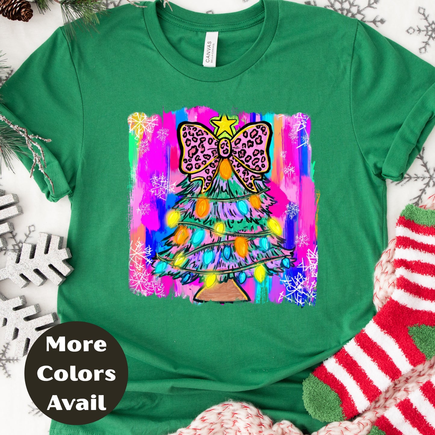 Leopard Bow Christmas Tree Shirt or Sweatshirt – Small-4XL and Plus Size – Bright Holiday Top – Multiple Colors