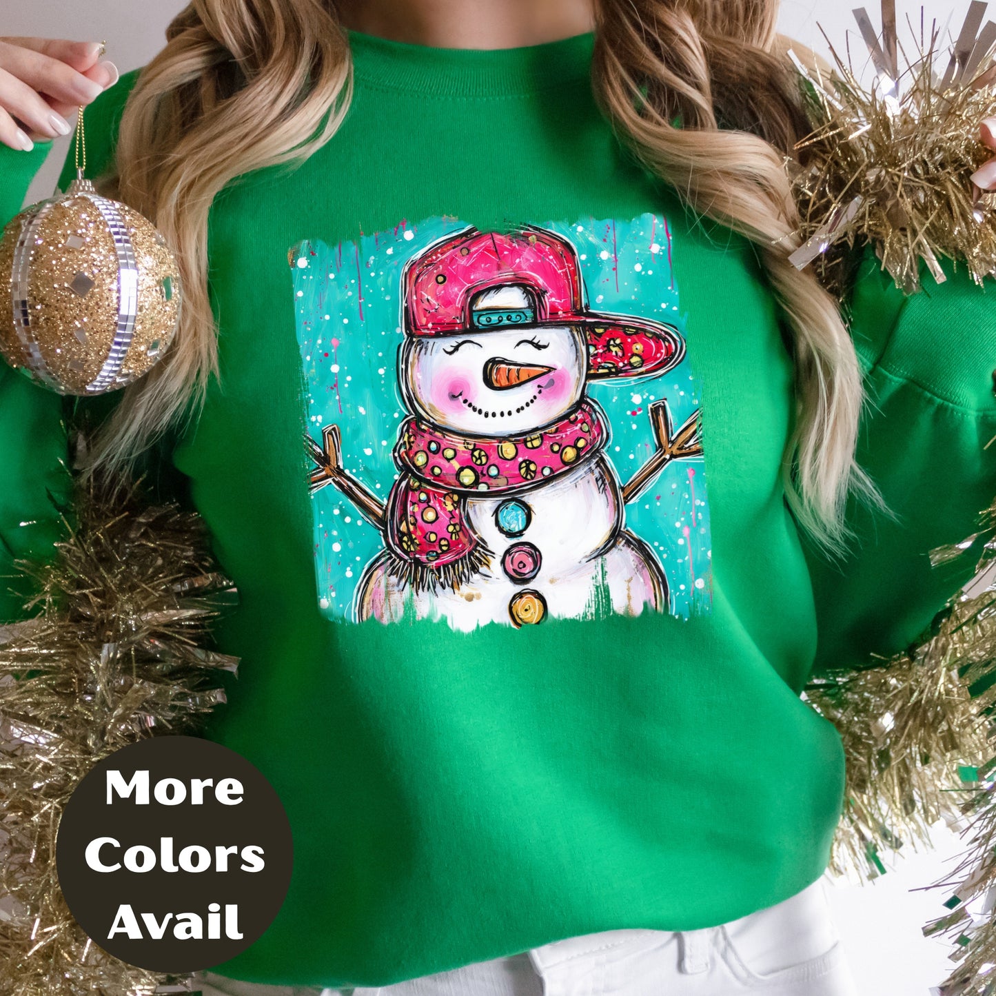 Cool Snowman Christmas Shirt or Sweatshirt – Small-4XL and Plus Size – Holiday Top with Snapback Hat – Multiple Colors