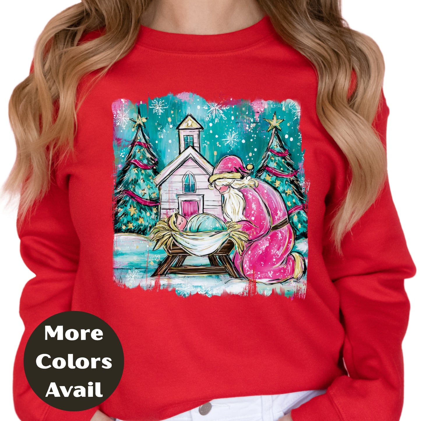 Santa and Manger Christmas Shirt or Sweatshirt – Small-4XL and Plus Size – Whimsical Nativity Scene – Multiple Colors