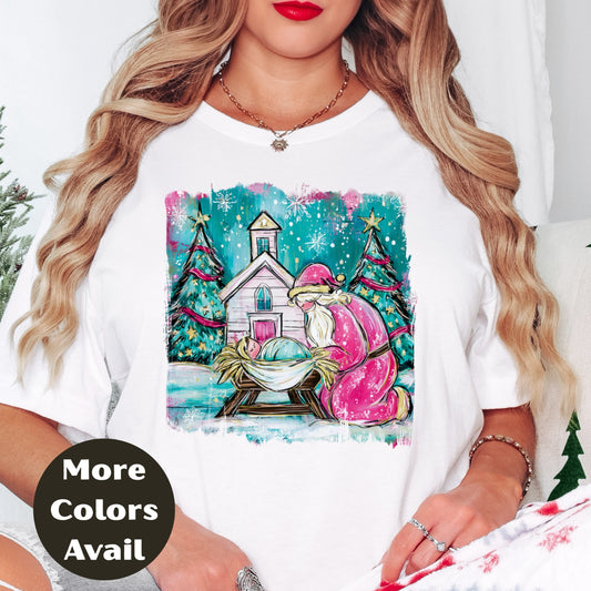 Santa and Manger Christmas Shirt or Sweatshirt – Small-4XL and Plus Size – Whimsical Nativity Scene – Multiple Colors