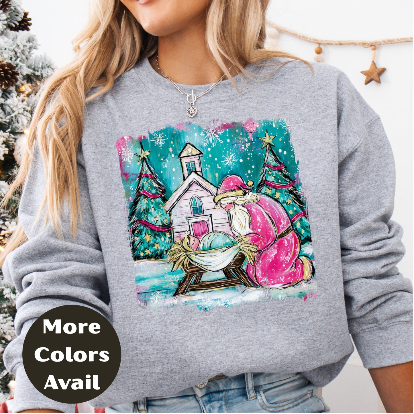 Santa and Manger Christmas Shirt or Sweatshirt – Small-4XL and Plus Size – Whimsical Nativity Scene – Multiple Colors