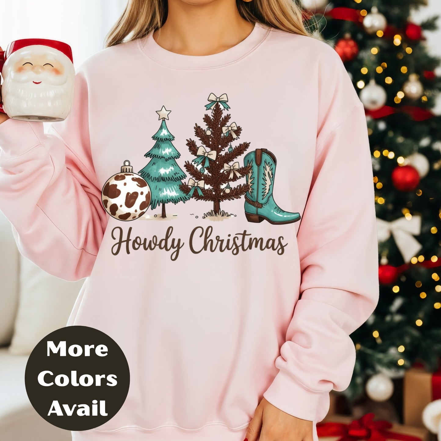 Howdy Christmas Shirt or Sweatshirt – Small-4XL and Plus Size – Cowgirl Christmas Tree & Boot – Multiple Colors