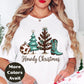 Howdy Christmas Shirt or Sweatshirt – Small-4XL and Plus Size – Cowgirl Christmas Tree & Boot – Multiple Colors