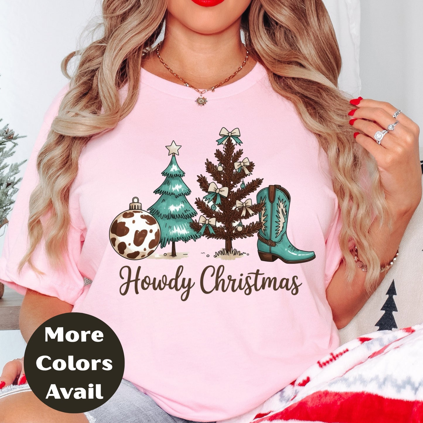 Howdy Christmas Shirt or Sweatshirt – Small-4XL and Plus Size – Cowgirl Christmas Tree & Boot – Multiple Colors