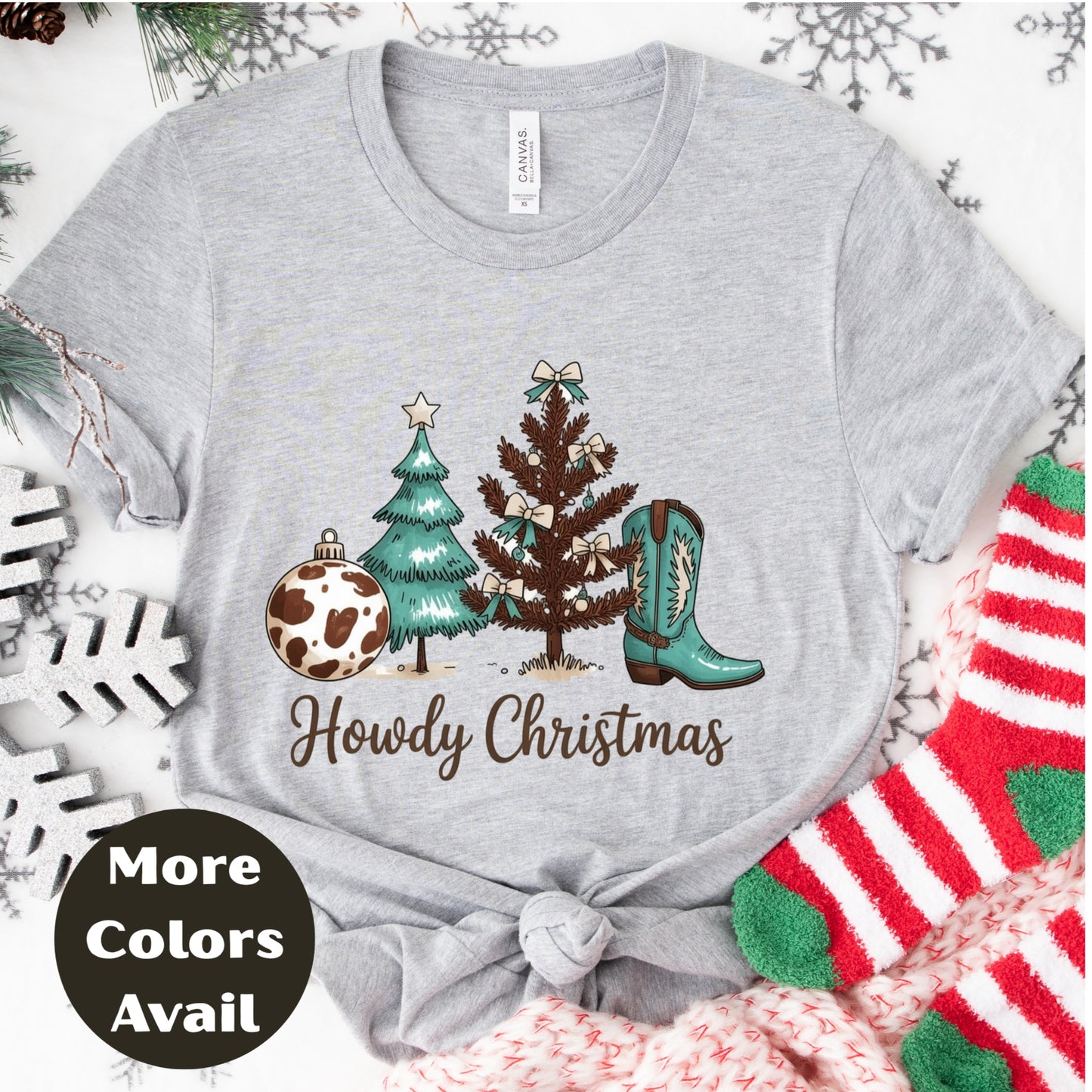 Howdy Christmas Shirt or Sweatshirt – Small-4XL and Plus Size – Cowgirl Christmas Tree & Boot – Multiple Colors