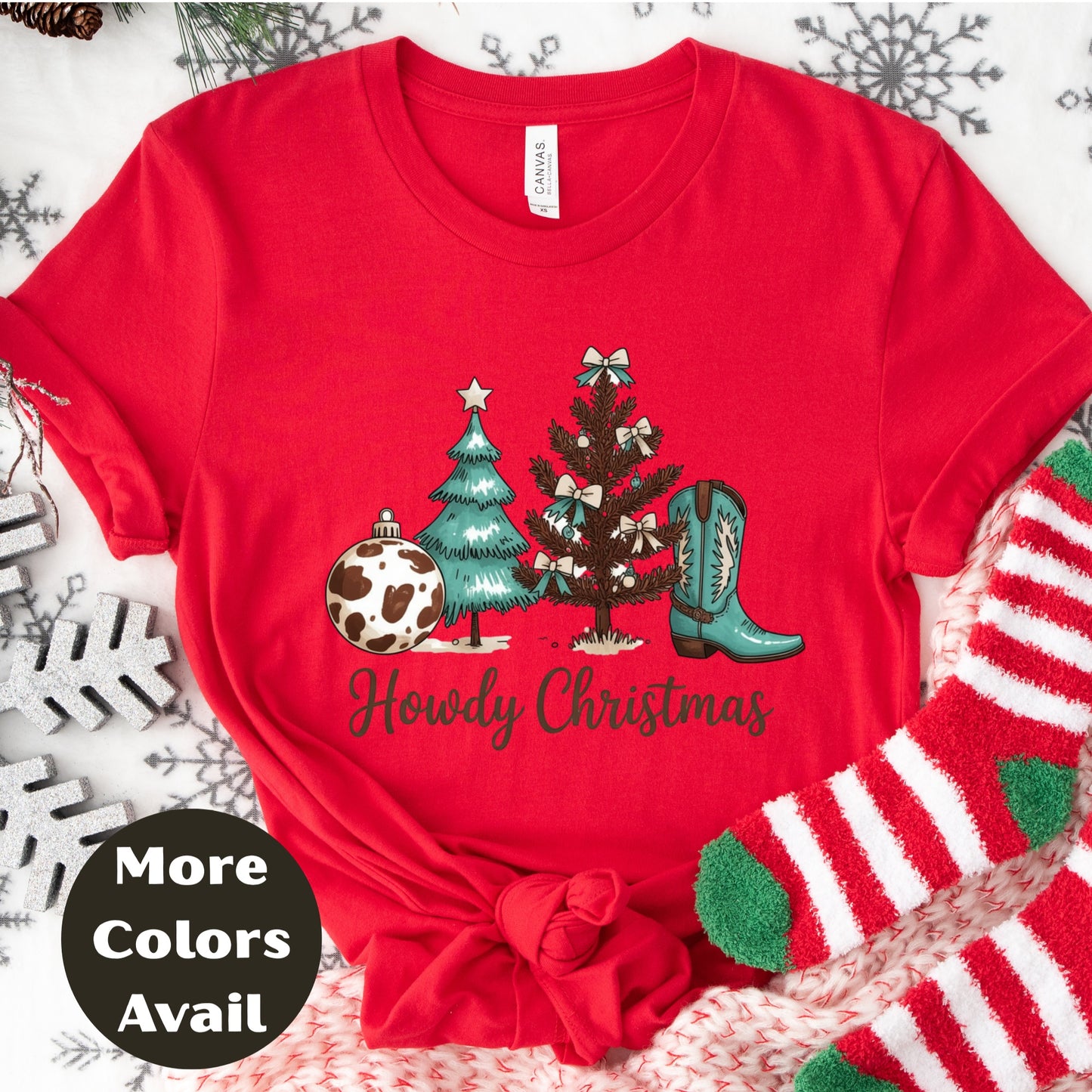 Howdy Christmas Shirt or Sweatshirt – Small-4XL and Plus Size – Cowgirl Christmas Tree & Boot – Multiple Colors