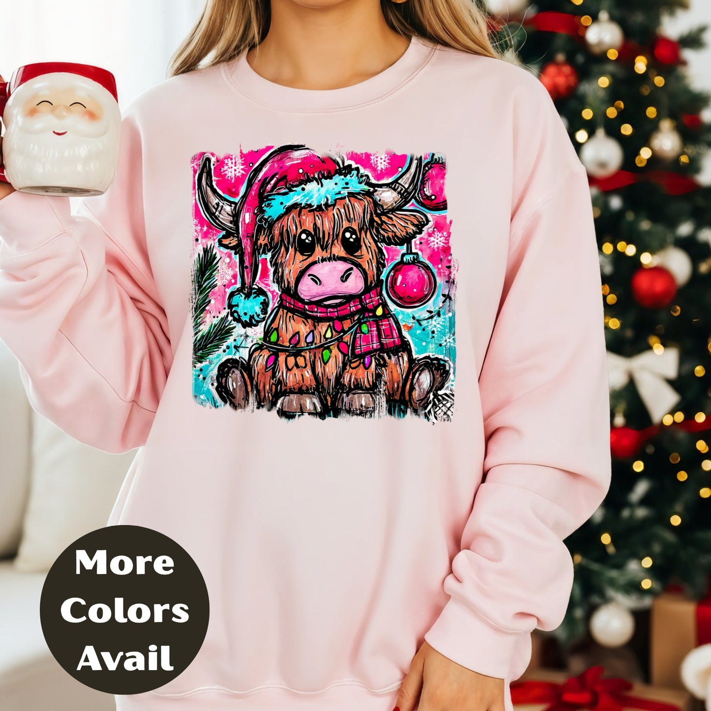 Highland Cow Christmas Shirt or Sweatshirt – Small-4XL and Plus Size – Cute Festive Cow with Santa Hat – Multiple Colors