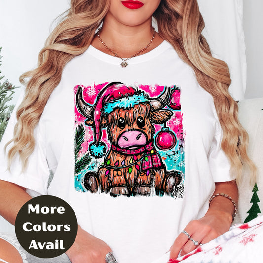 Highland Cow Christmas Shirt or Sweatshirt – Small-4XL and Plus Size – Cute Festive Cow with Santa Hat – Multiple Colors