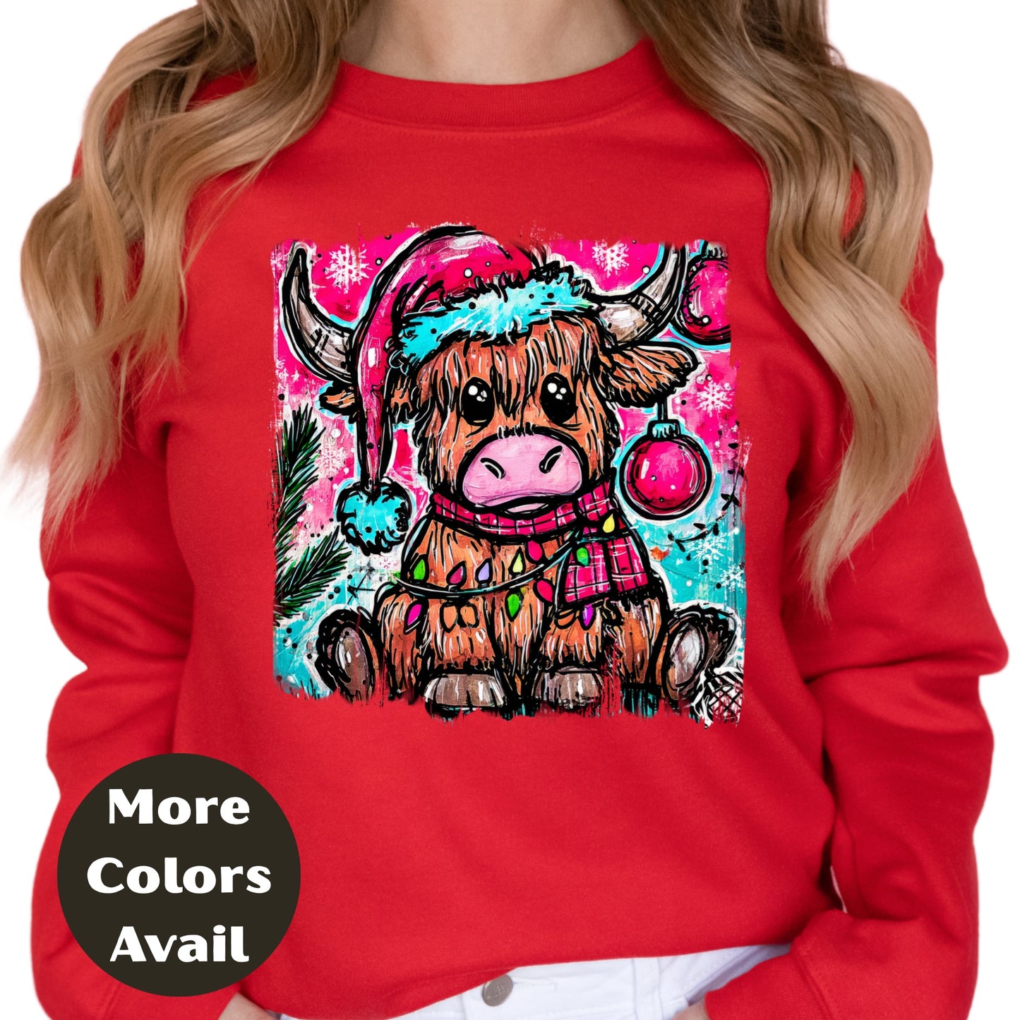Highland Cow Christmas Shirt or Sweatshirt – Small-4XL and Plus Size – Cute Festive Cow with Santa Hat – Multiple Colors