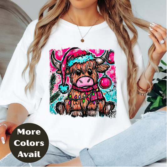 Highland Cow Christmas Shirt or Sweatshirt – Small-4XL and Plus Size – Cute Festive Cow with Santa Hat – Multiple Colors