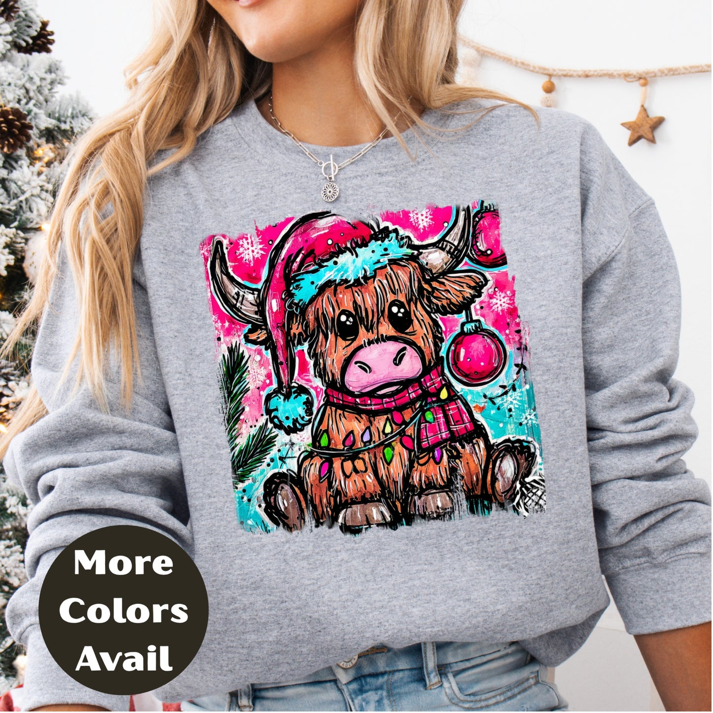 Highland Cow Christmas Shirt or Sweatshirt – Small-4XL and Plus Size – Cute Festive Cow with Santa Hat – Multiple Colors