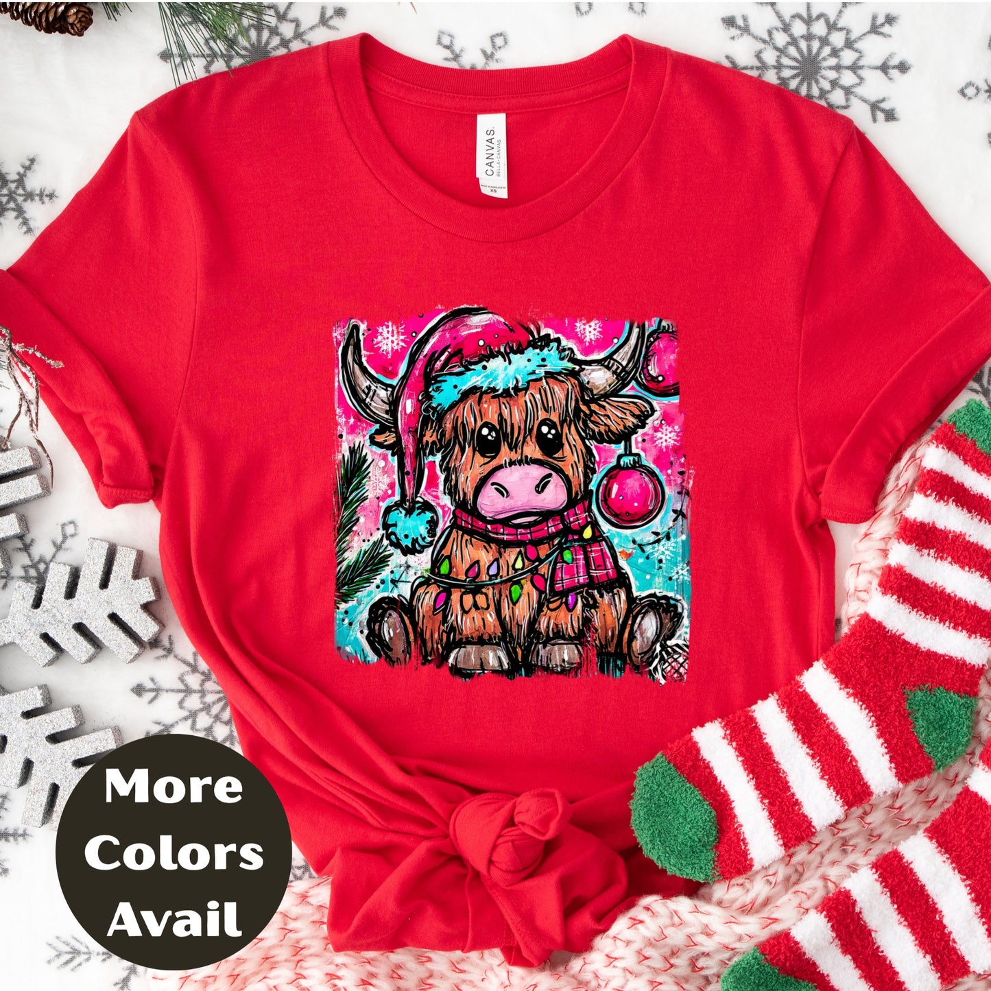 Highland Cow Christmas Shirt or Sweatshirt – Small-4XL and Plus Size – Cute Festive Cow with Santa Hat – Multiple Colors