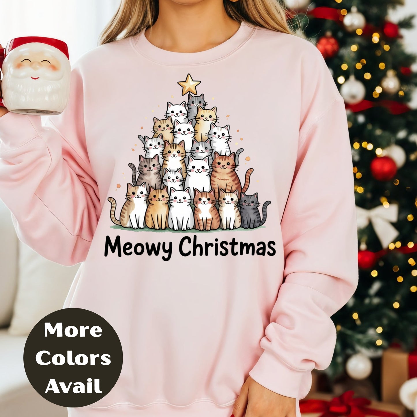 Meowy Christmas Shirt or Sweatshirt – S-4XL Plus Size – Cute Cat Christmas Tree – Multiple Colors