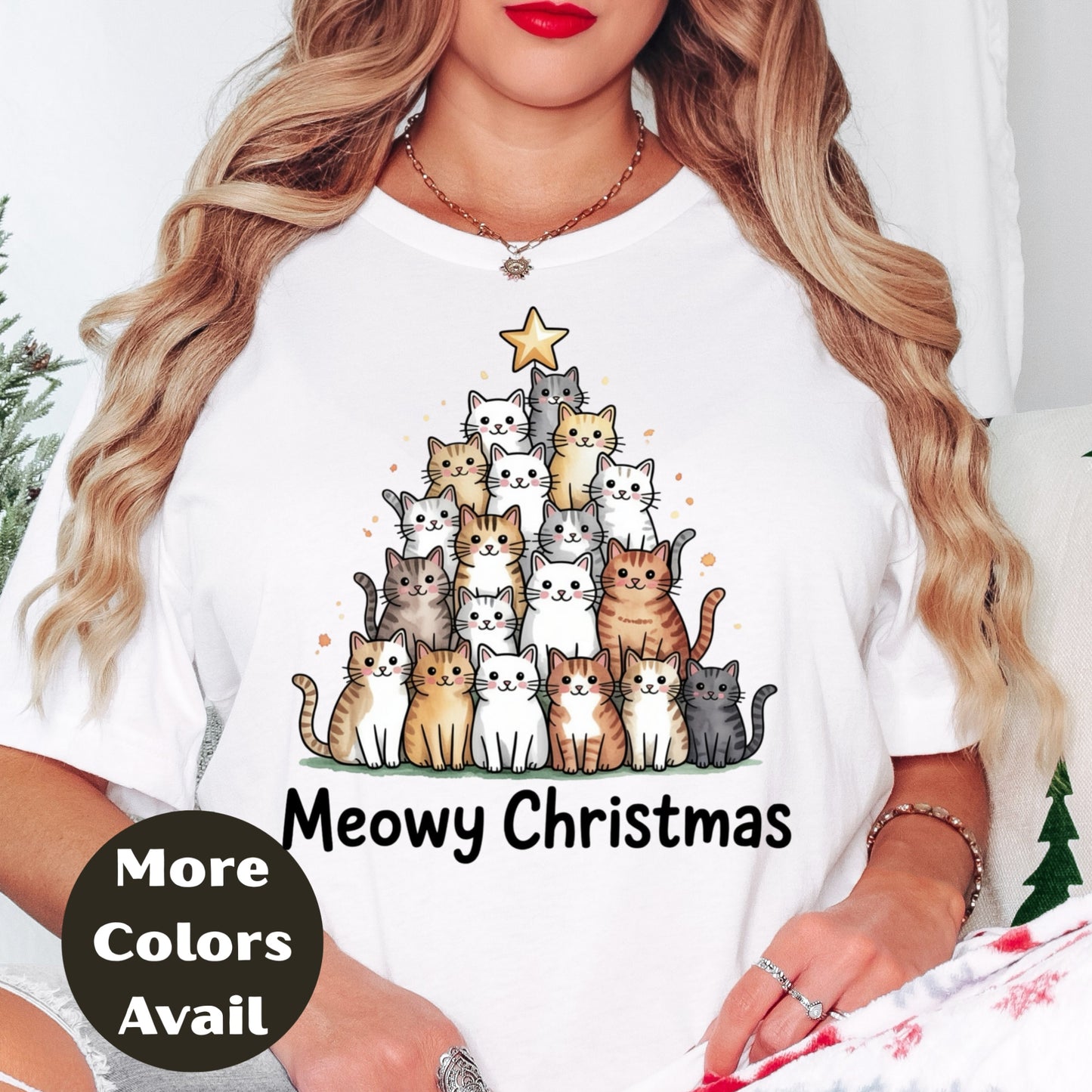 Meowy Christmas Shirt or Sweatshirt – S-4XL Plus Size – Cute Cat Christmas Tree – Multiple Colors