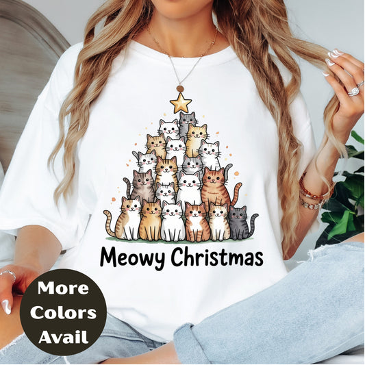 Meowy Christmas Shirt or Sweatshirt – S-4XL Plus Size – Cute Cat Christmas Tree – Multiple Colors