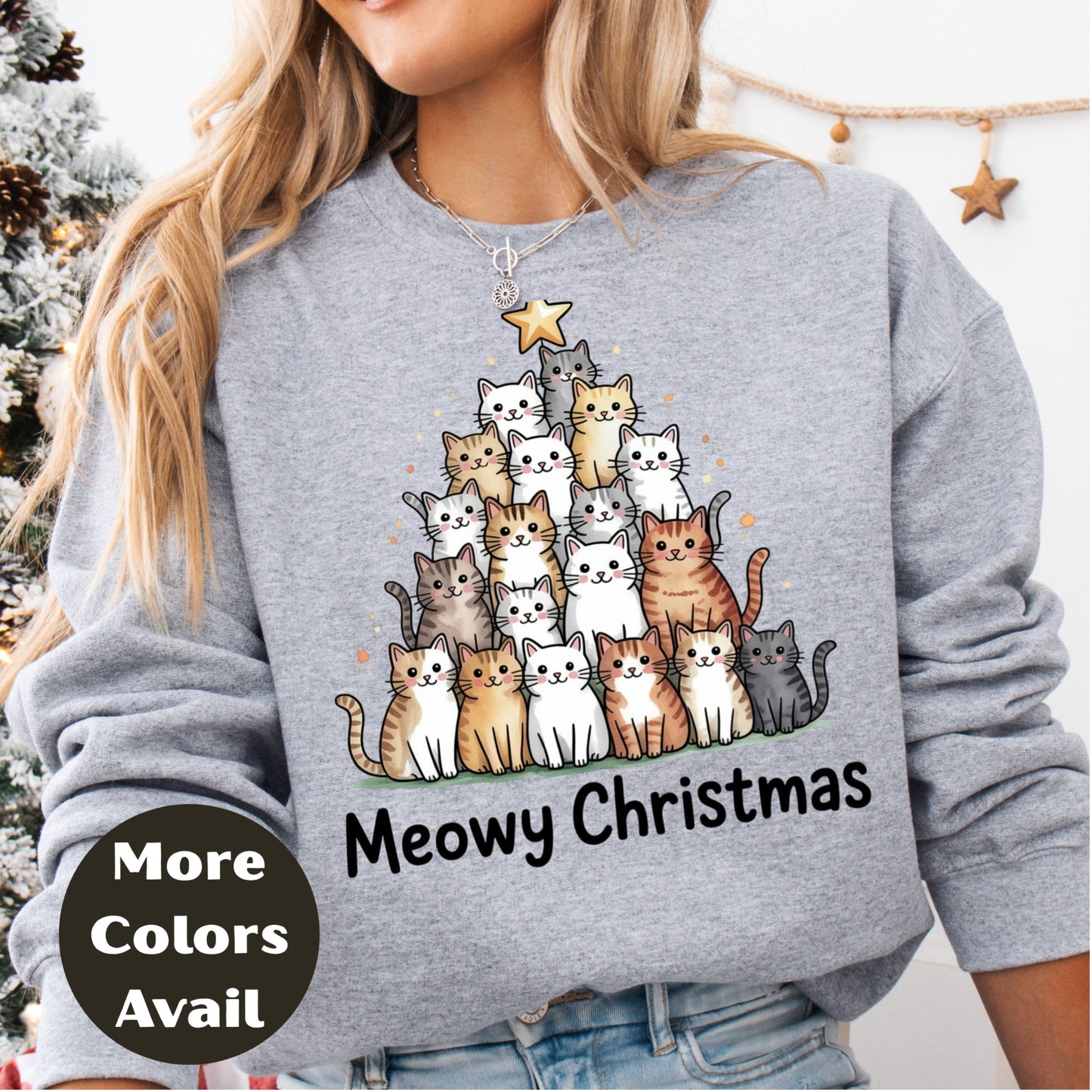 Meowy Christmas Shirt or Sweatshirt – S-4XL Plus Size – Cute Cat Christmas Tree – Multiple Colors