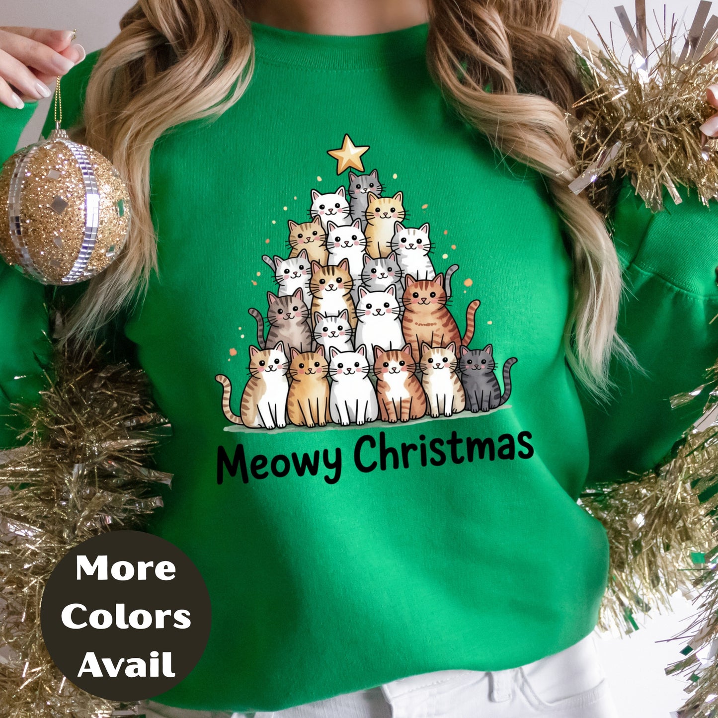 Meowy Christmas Shirt or Sweatshirt – S-4XL Plus Size – Cute Cat Christmas Tree – Multiple Colors