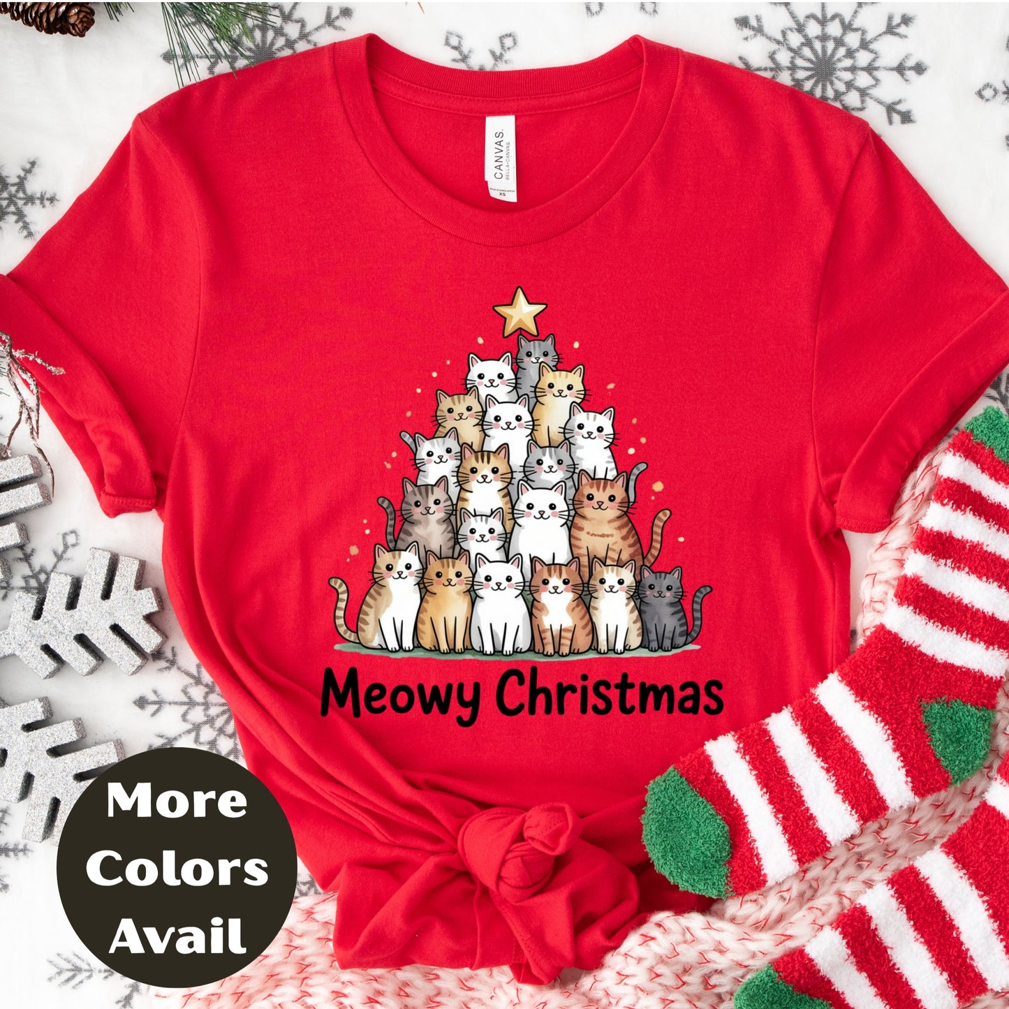 Meowy Christmas Shirt or Sweatshirt – S-4XL Plus Size – Cute Cat Christmas Tree – Multiple Colors