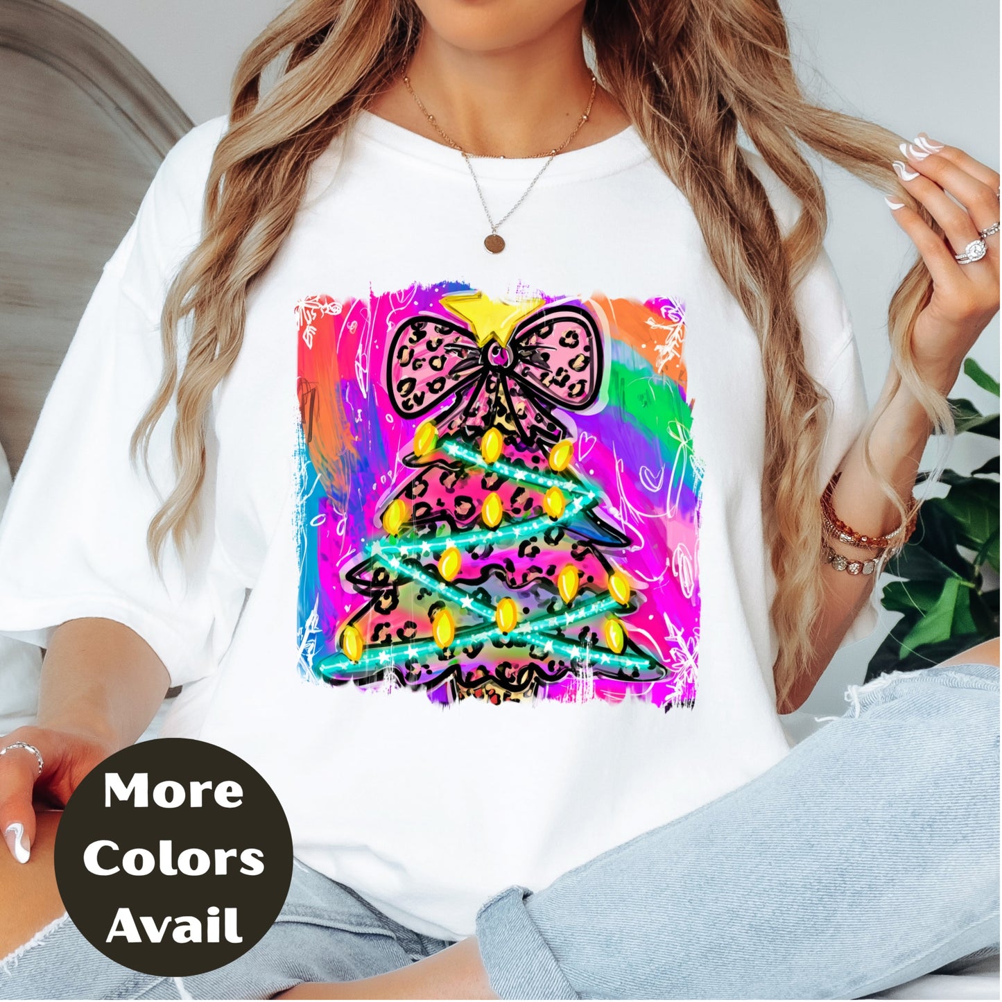 Leopard Bow Rainbow Christmas Tree Shirt or Sweatshirt – S-4XL Plus Size – Bright Holiday Top – Multiple Colors