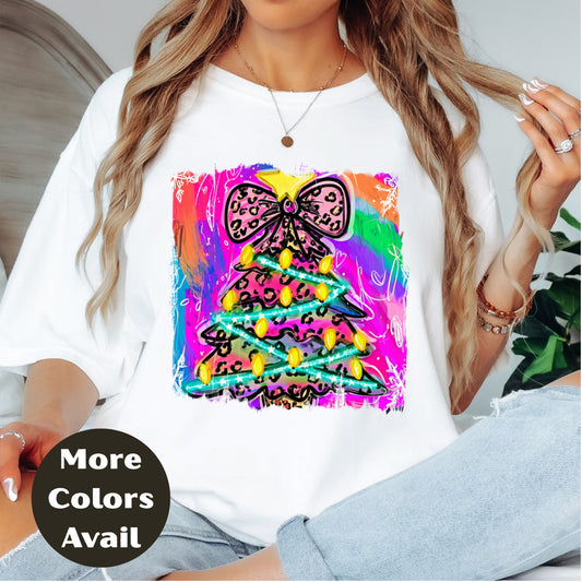 Leopard Bow Rainbow Christmas Tree Shirt or Sweatshirt – S-4XL Plus Size – Bright Holiday Top – Multiple Colors