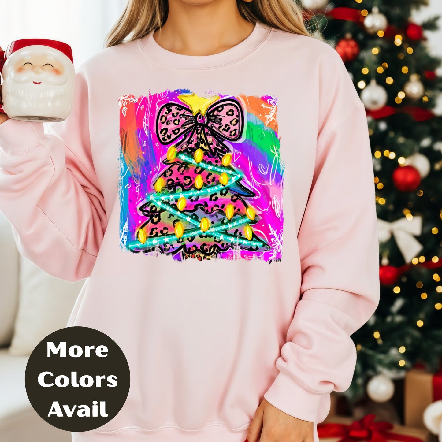Leopard Bow Rainbow Christmas Tree Shirt or Sweatshirt – S-4XL Plus Size – Bright Holiday Top – Multiple Colors