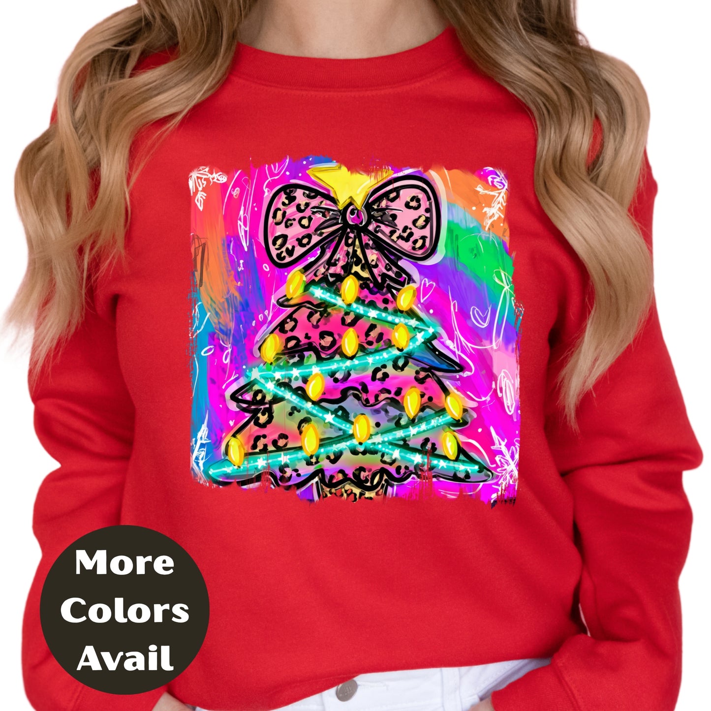 Leopard Bow Rainbow Christmas Tree Shirt or Sweatshirt – S-4XL Plus Size – Bright Holiday Top – Multiple Colors