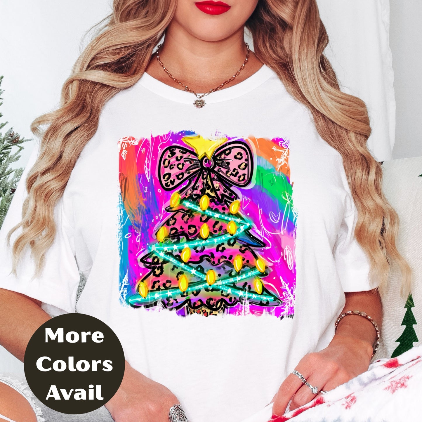 Leopard Bow Rainbow Christmas Tree Shirt or Sweatshirt – S-4XL Plus Size – Bright Holiday Top – Multiple Colors