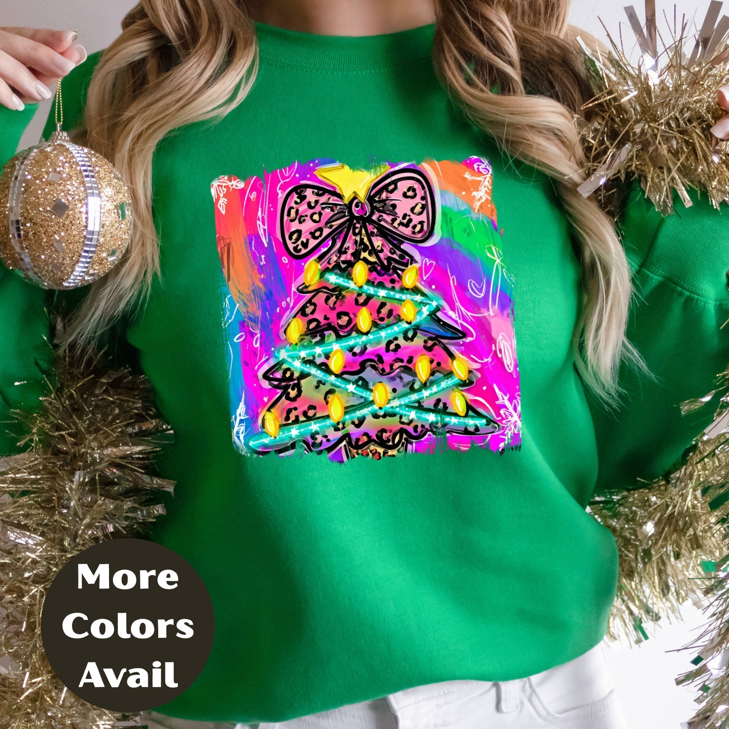 Leopard Bow Rainbow Christmas Tree Shirt or Sweatshirt – S-4XL Plus Size – Bright Holiday Top – Multiple Colors