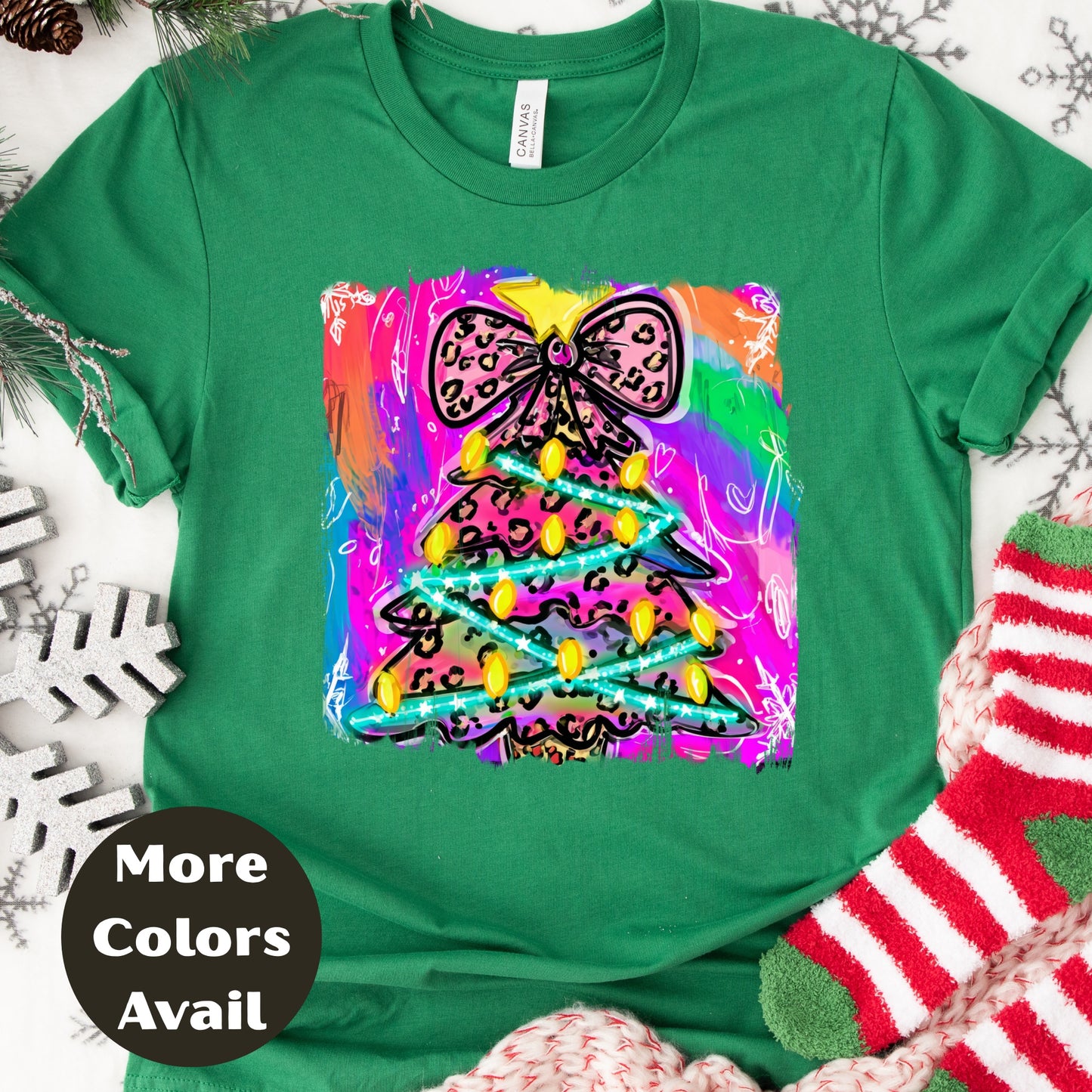 Leopard Bow Rainbow Christmas Tree Shirt or Sweatshirt – S-4XL Plus Size – Bright Holiday Top – Multiple Colors