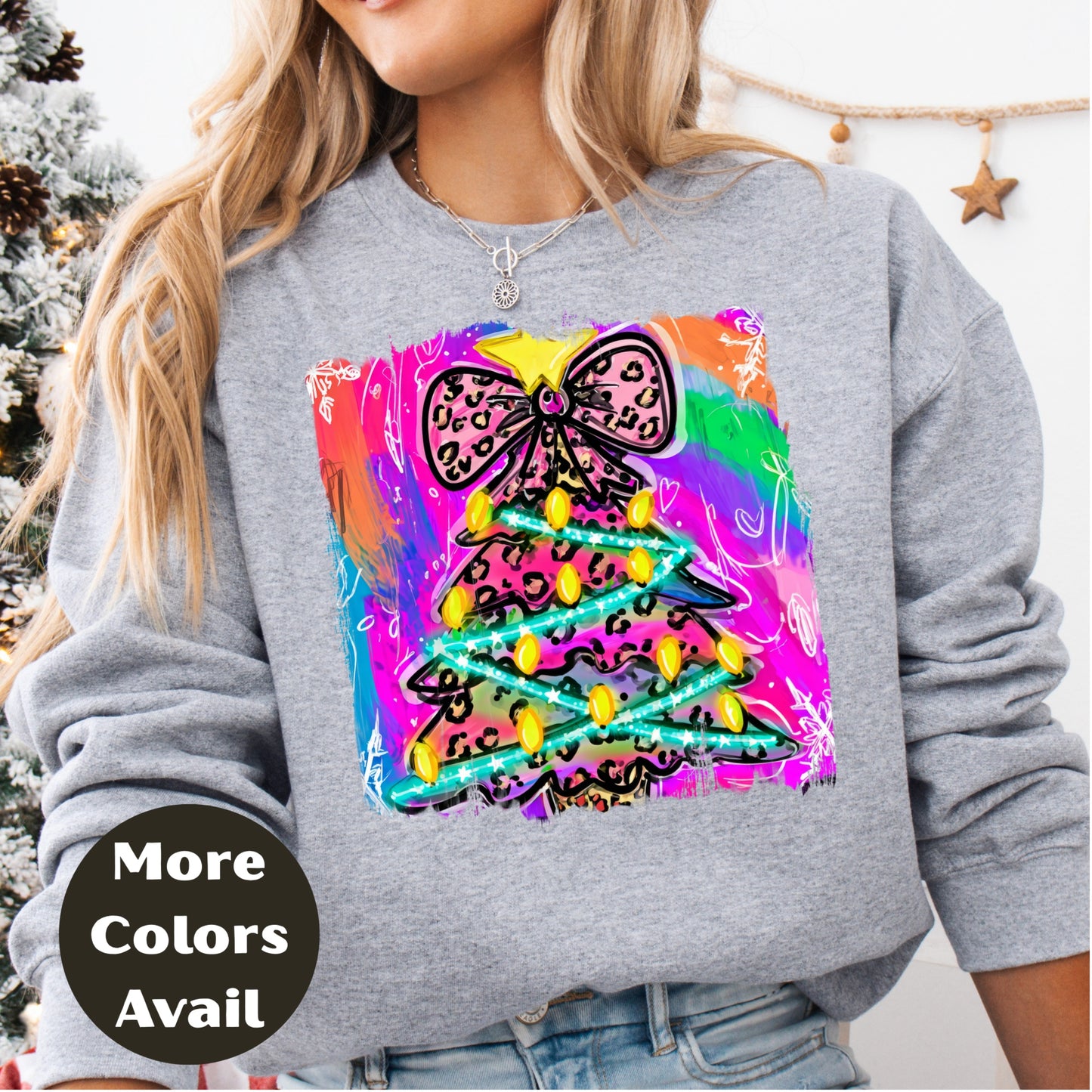 Leopard Bow Rainbow Christmas Tree Shirt or Sweatshirt – S-4XL Plus Size – Bright Holiday Top – Multiple Colors